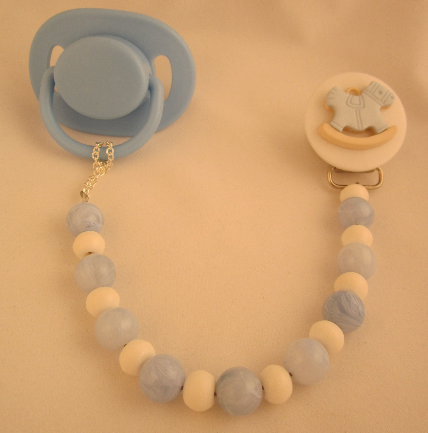 Blue Rocking Horse Pacifier clip with Stunning Pearls and Beads