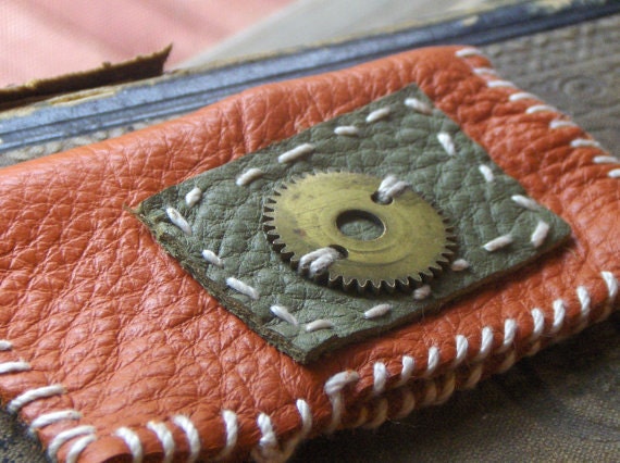 50% off sale. Design by Gray Wolf . Like Clockwork, Holmes. Handmade Soft Leather Clock Gear Hide- Away Keychain or money wallet