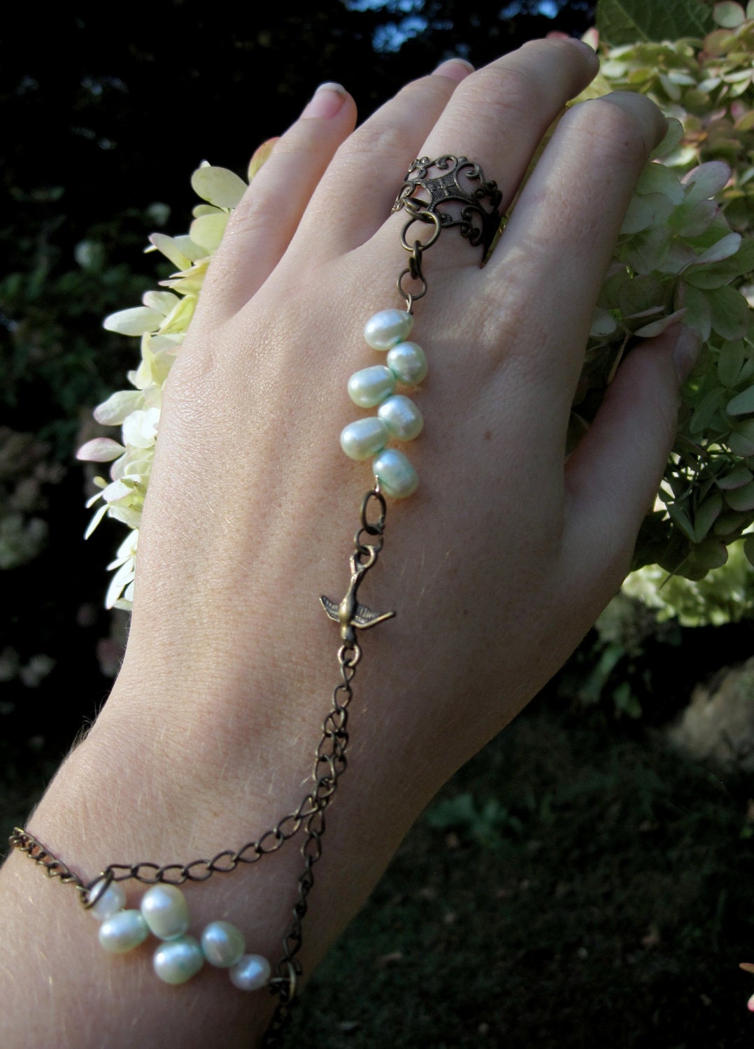 WATERFALL Bracelet/ Sea Foam Green Pearl and Brass Slave Bracelet