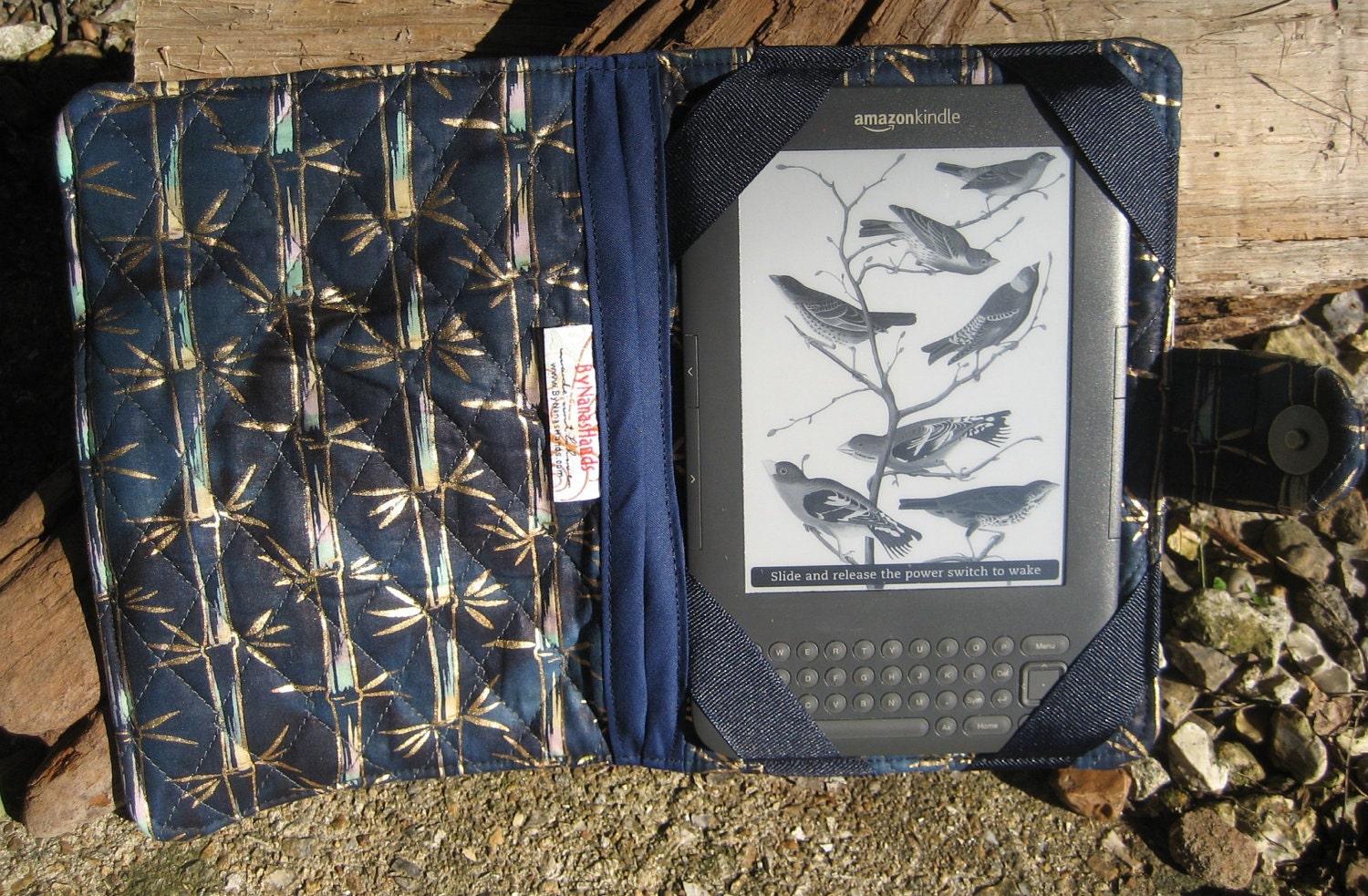 Kindle 3 eReader and Kindle Fire Cover Navy Blue and Gold Bamboo