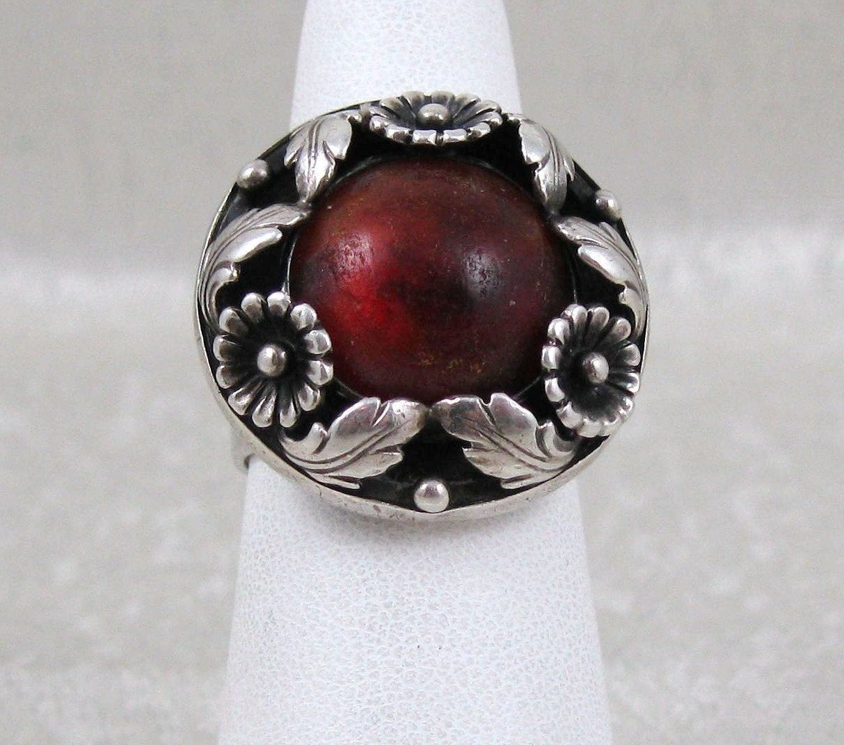 Reserved for Tara - Beautiful Mid Century Sterling Flowers Leaves Amber Ring Signed NE FROM Denmark 7.5