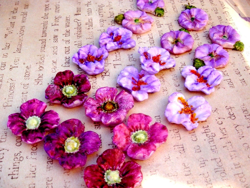 Edible Cupcake Toppers - Gumpaste Flowers - Set of 18 Plum and Purple Pansies, Iris and Dogwood Sugar Blossoms