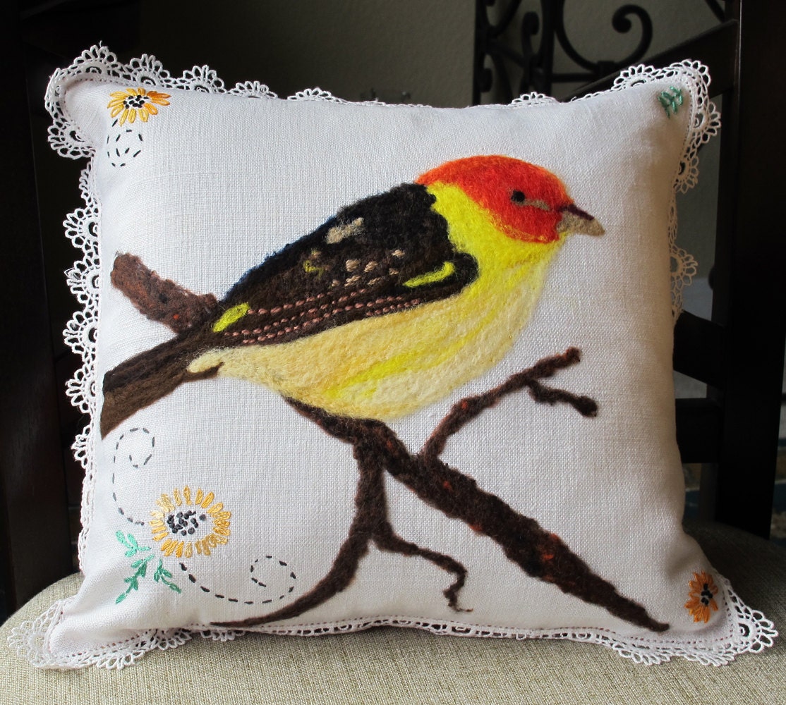 Western Tanager Bird Hankie Pillow, vintage, cushion, refurbished, needle felt, yellow bird