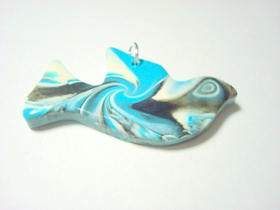 Handmade Marbled Turquoise Bird in Flight Polymer Clay Pendant