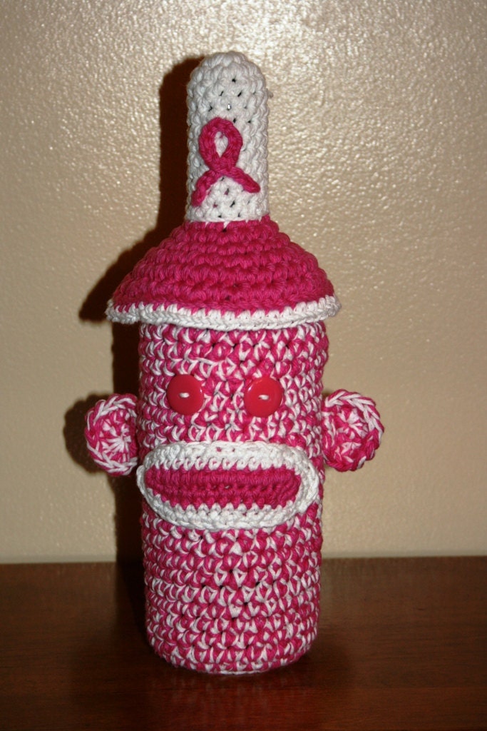 Pinky the Think Pink Crochet Sock Monkey Wine Bottle Cover UP