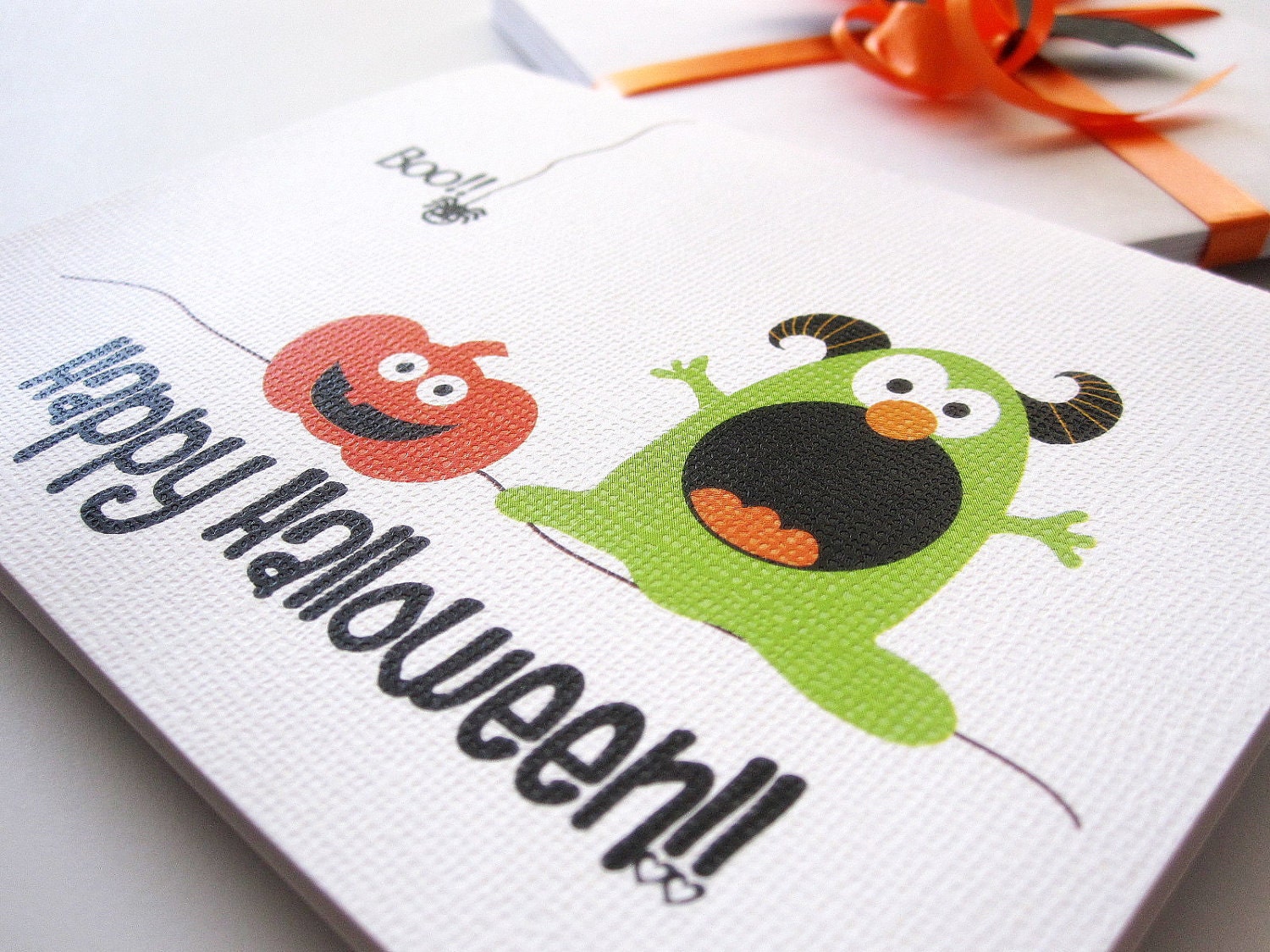 Happy Halloween Card, cute monster and boo spider card
