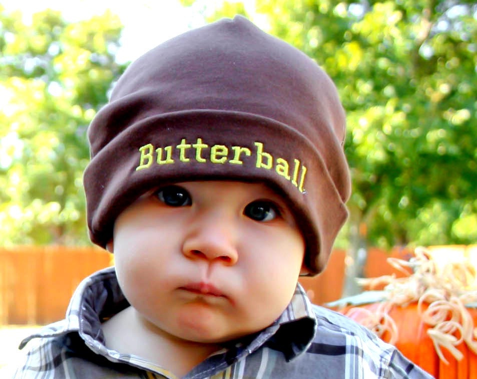 Small 3 to 6 month... Brown hat...Butterball in yellow... Ready to Ship...Infant Toddler...Baby ButtonTops
