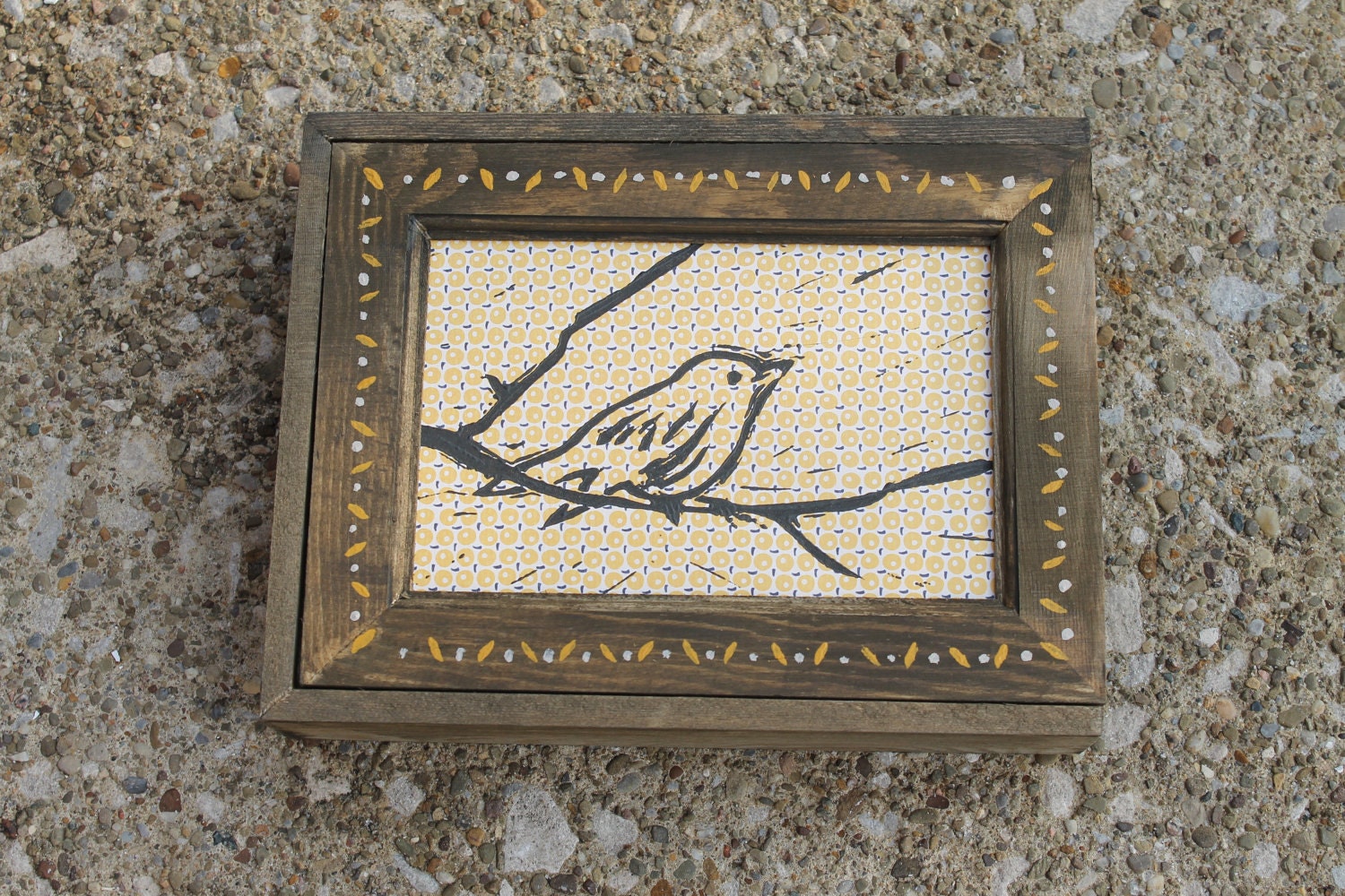 Brown Wooden Box with Linocut Print of a Bird on a Branch