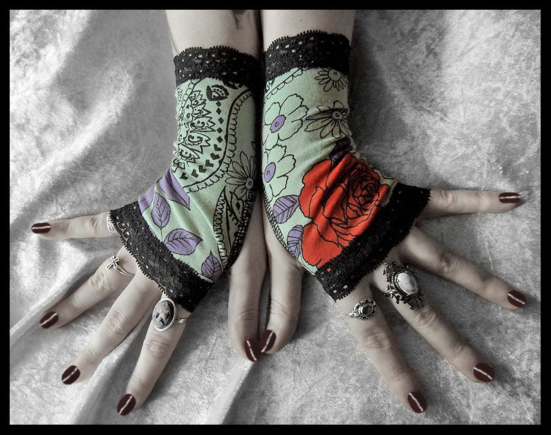 I Never Promised You a Rose Garden Fingerless Gloves - Teal Mint Green Red Purple Paisley Flowers & Black Lace - Steampunk Bohemian Tribal