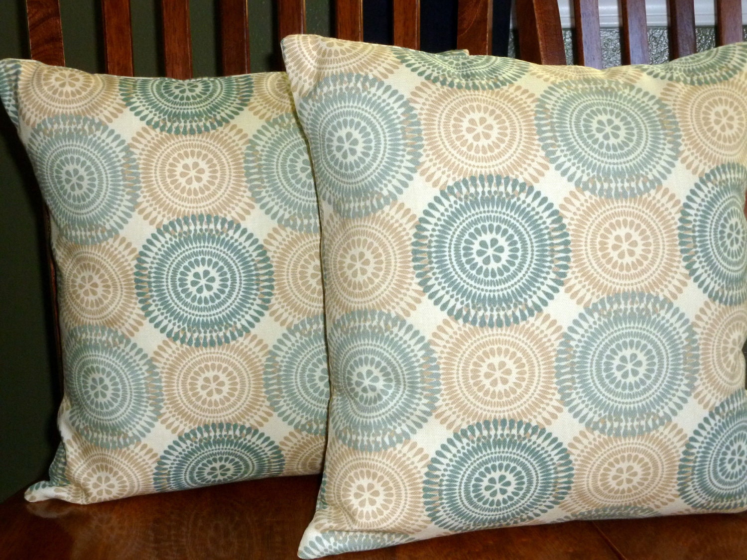 Decorative Accent Throw Pillow Covers - Tan and Green - Two 16 Inch