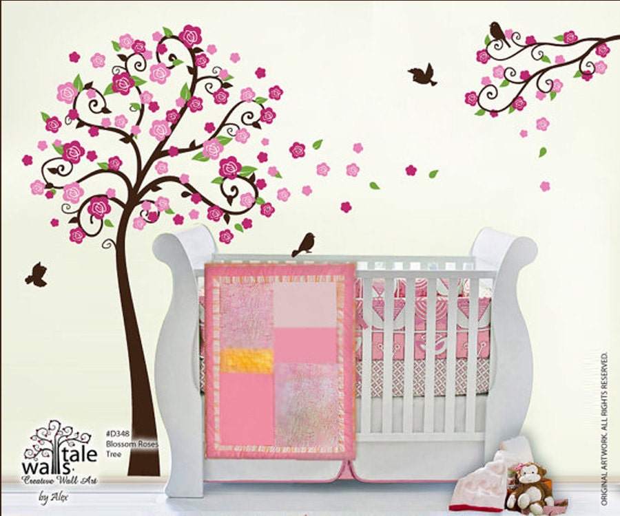 Tree Wall Decal - Blossom Roses Branch wall decal with birds stickers for nursery