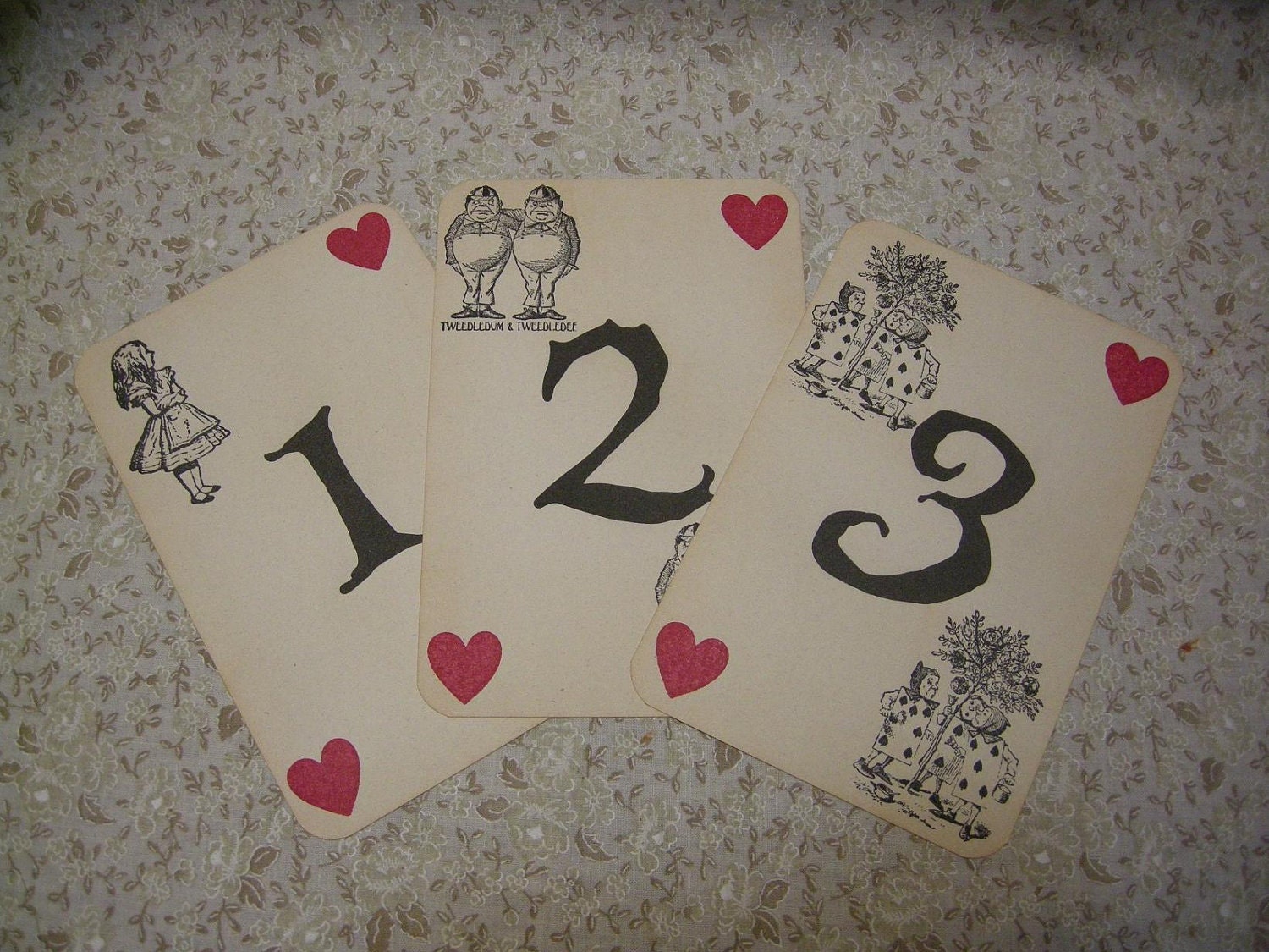 Alice in Wonderland Table Numbers - ephemera, vintage style, shabby chic style, red queen, heart, white rabbit, mad hatter, cheshire cat
