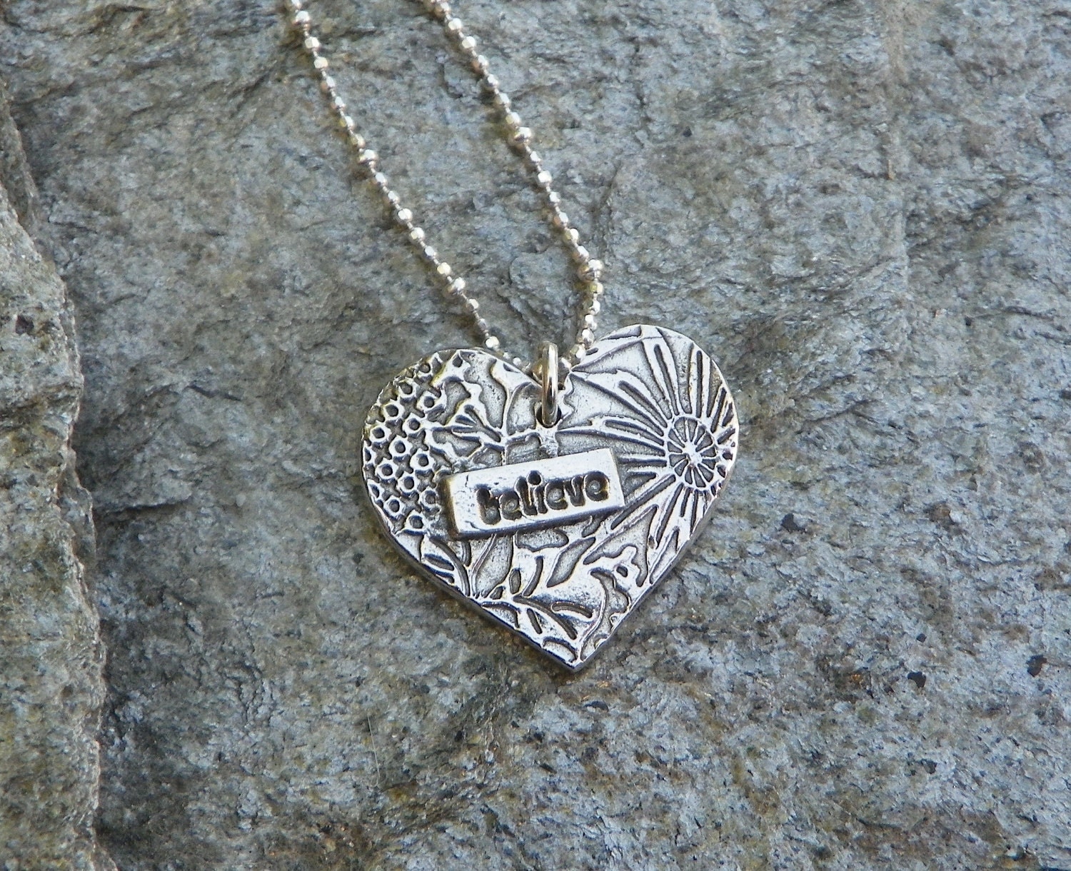 Heart shaped "BELIEVE" fine silver pendant, PMC