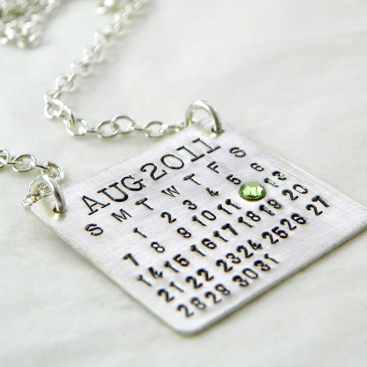 Mark Your Calendar Necklace hand stamped and personalized sterling silver necklace TOP HANG with flat back crystal