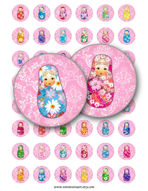 Matryoshka doll pink Bottle Cap 1 inch Circle image Matrioshka Babushka Russian Dolls Digital Collage Sheet Printable download 8208