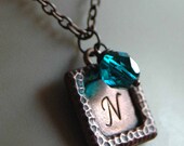 Customized Hand Stamped Copper Frame Charm Necklace With Initial And Teal Czech Fire Polished Glass Bead By Inspired Jewelry Designs