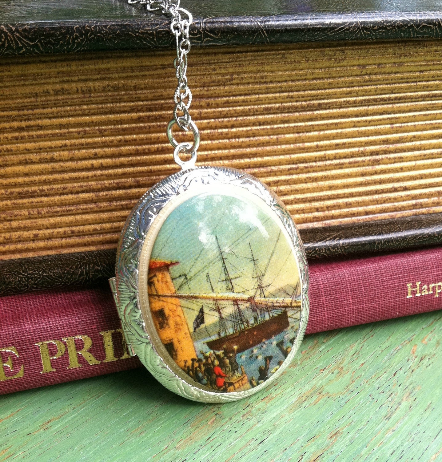Vintage Tea Party Cameo - long silver locket, vintage cameo