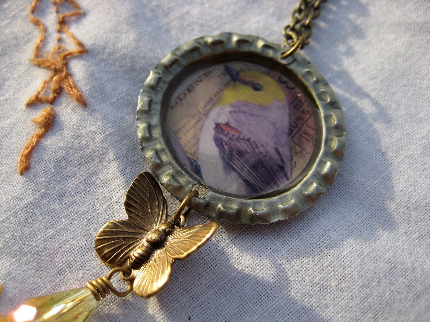 Cute Little Bird Bottle Cap Charm Necklace with Butterfly