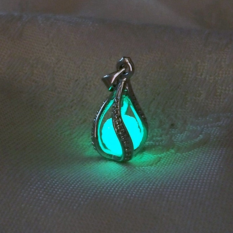 Mermaid's Magic "White Gold" - Neon Green Glow in the Dark Pendant with Glowing Essence of the Sea - White Gold Plated