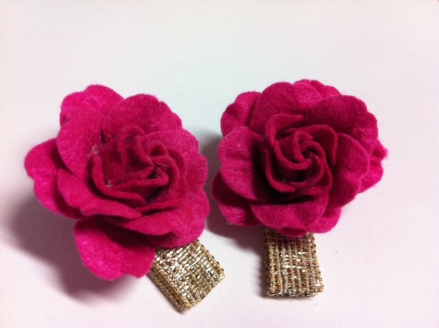 Pink Flower Hairclips atop Goldtone Ribbon - Aligator Clips Set of two for Girls Teenagers or Women