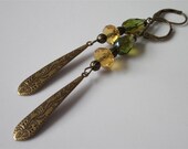 Glass Chandelier Earrings, Olive Green and Topaz,  Antiqued Etched Brass