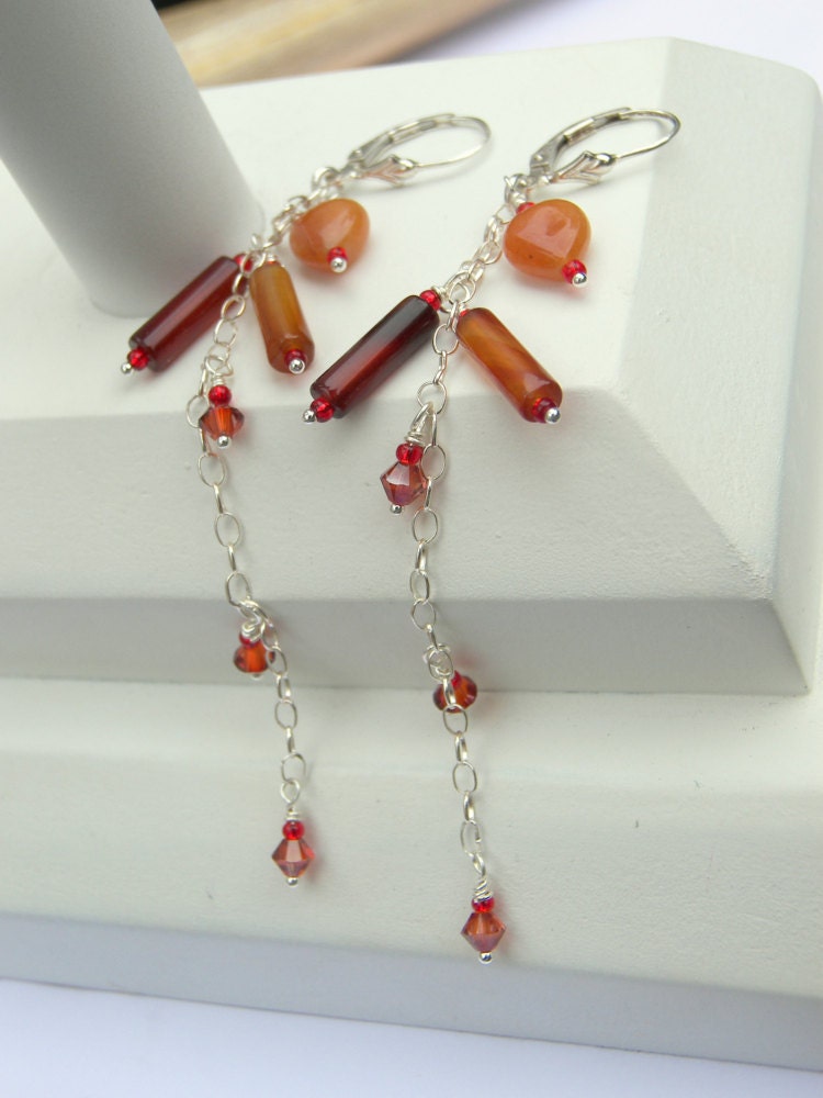 Carmel Apple Carnelian Swarovski Sterling Silver Leverback Long Earrings