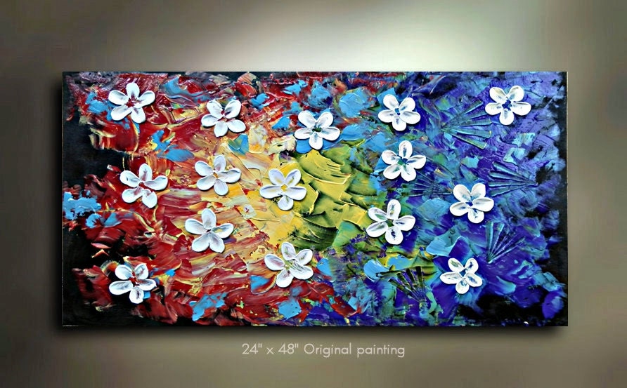 ORIGINAL Flower Painting Abstract Landscape Artwork white daisy Heavy Textured 48x24 Modern Contemporary art Made to Order by OTO