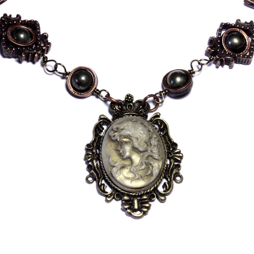 Steampunk Jewelry - Necklace - Vintage style Victorian Cameo Lady Portrait - Pyrite - Designs Exclusively by CatherinetteRings