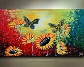 Original Butterfly Painting Sunflower art Abstract Art Landscape Flower Daisy Textured color 40x24 Modern Contemporary Painting by OTO