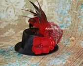 Red Velvet - Black Mini Top Hat or Headband for Women or Girls Embellished with Handmade Burgundy Red Lace Flowers Rosettes and Feathers