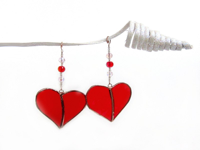 Two Stained Glass Heart Christmas Ornaments Red Heart Suncatchers Handmade OOAK
