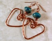 Hammered Copper Heart Earrings, Green Jasper Rondelle Beads