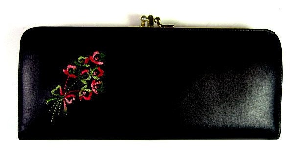 Vintage Clutch, Black Rockabilly Style Embroidered Flowers