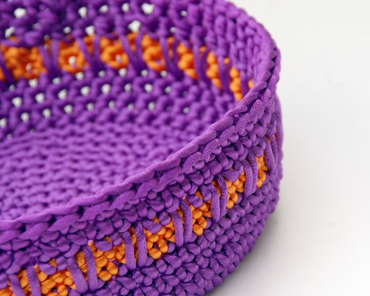Purple and Orange Satin Cord Crochet Basket - lissabeecreations