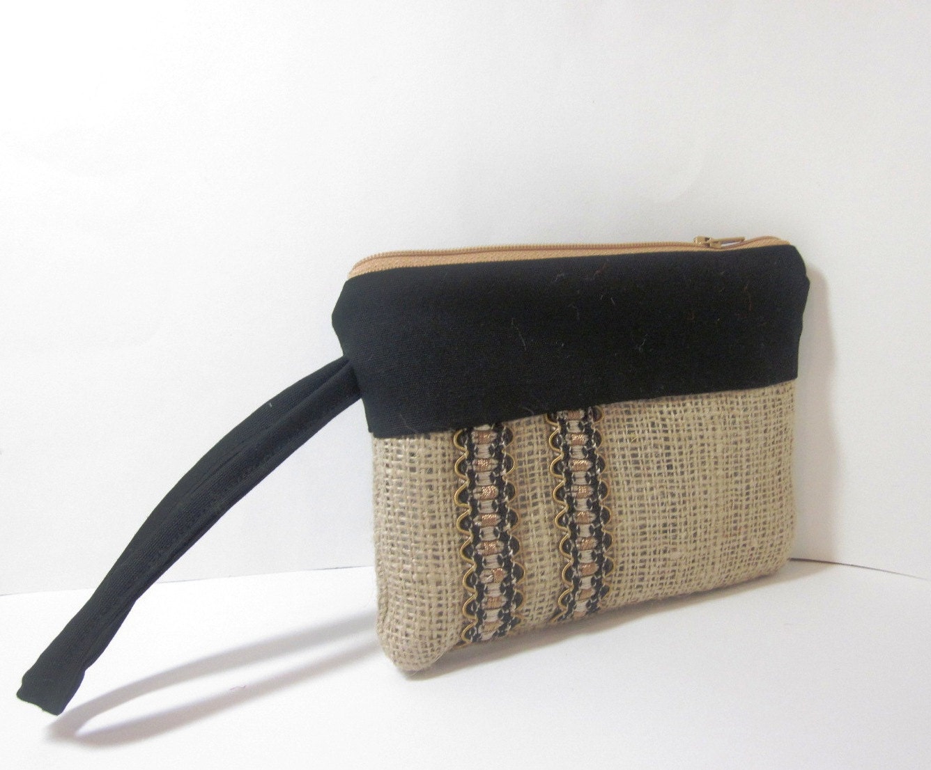 Black and Tan Wristlet -  Burlap and Canvas