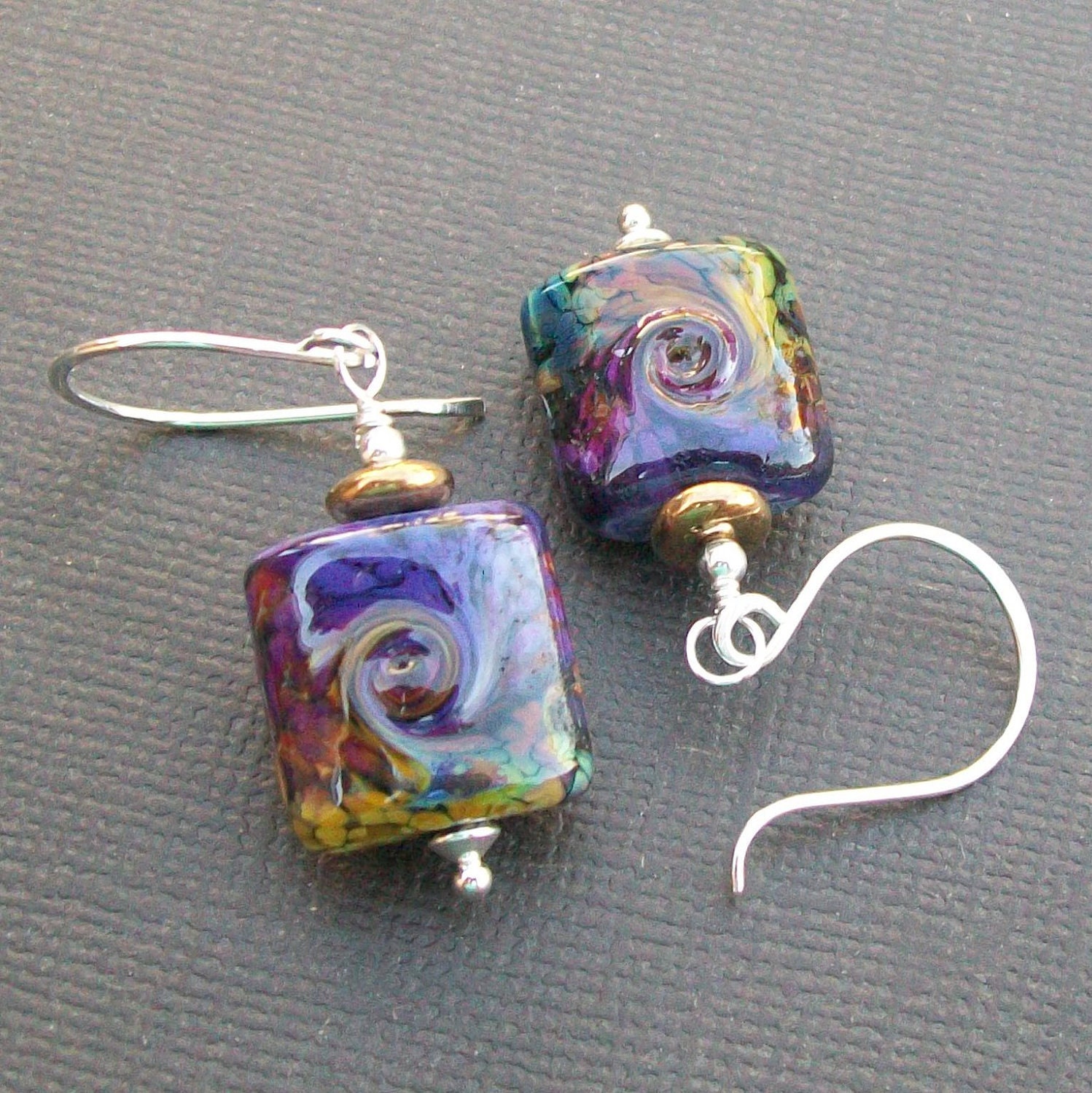 lampwork earrings  black bright raku color burst rectangular beads- burst II