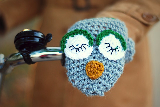 FOR KIDS Sleeping OWL Bike Handwarmers Gloves Wool Crochet Children Nursery Cozy Grey Big Eyes
