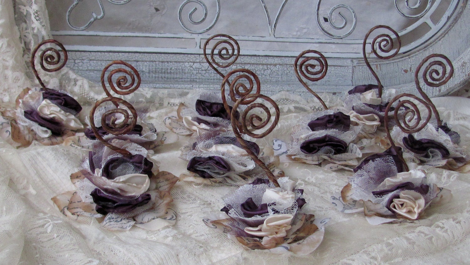 Fabric Hand stamped Flower Place Card Holder Plum and Ivory  Set of 10 by My Broken Art on Etsy