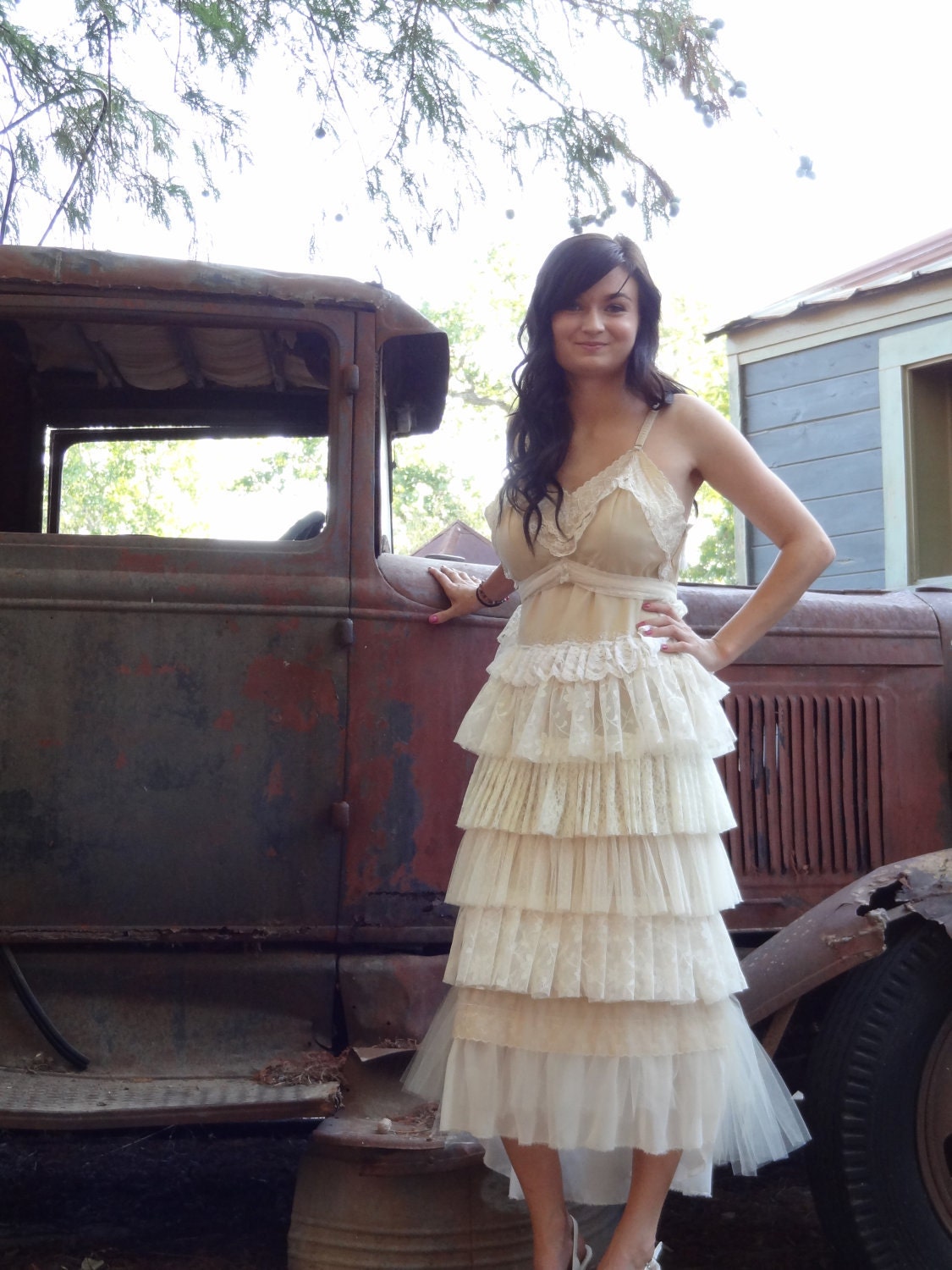 Fall Wedding Ivory White Cream  Slip Dress Steampunk  Vintage Inspired One-of-a-Kind Altered Couture "Bella's Wedding"