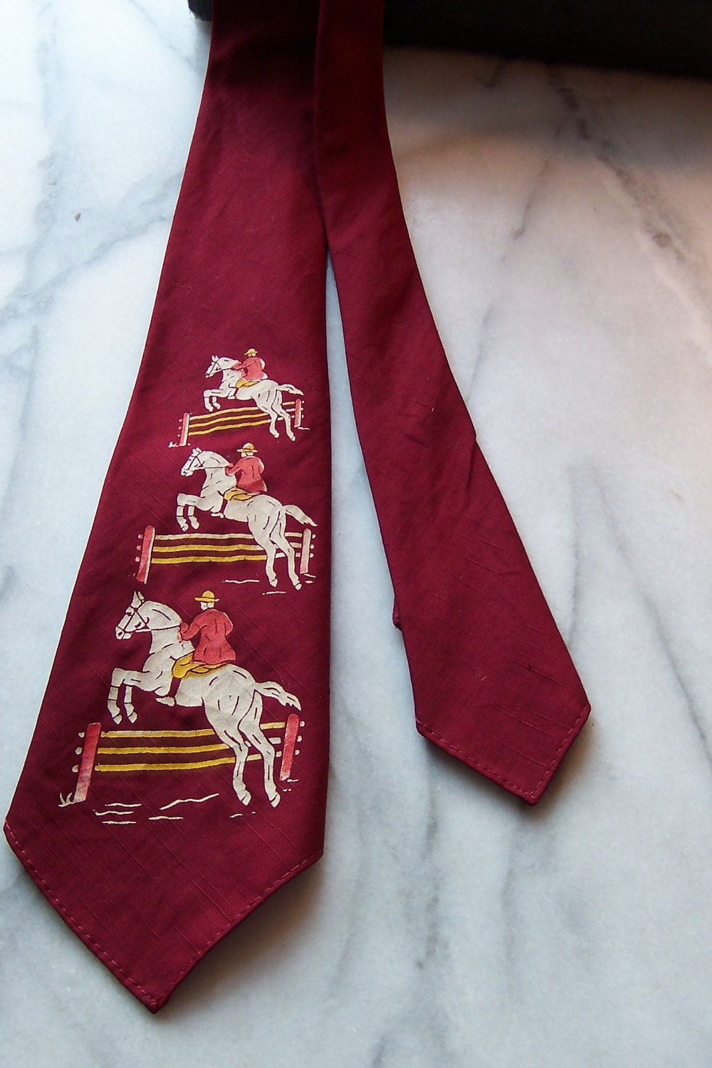 Vintage 30s or 40s Hand Painted Necktie Depicting Man on Horse  Jumping Fence