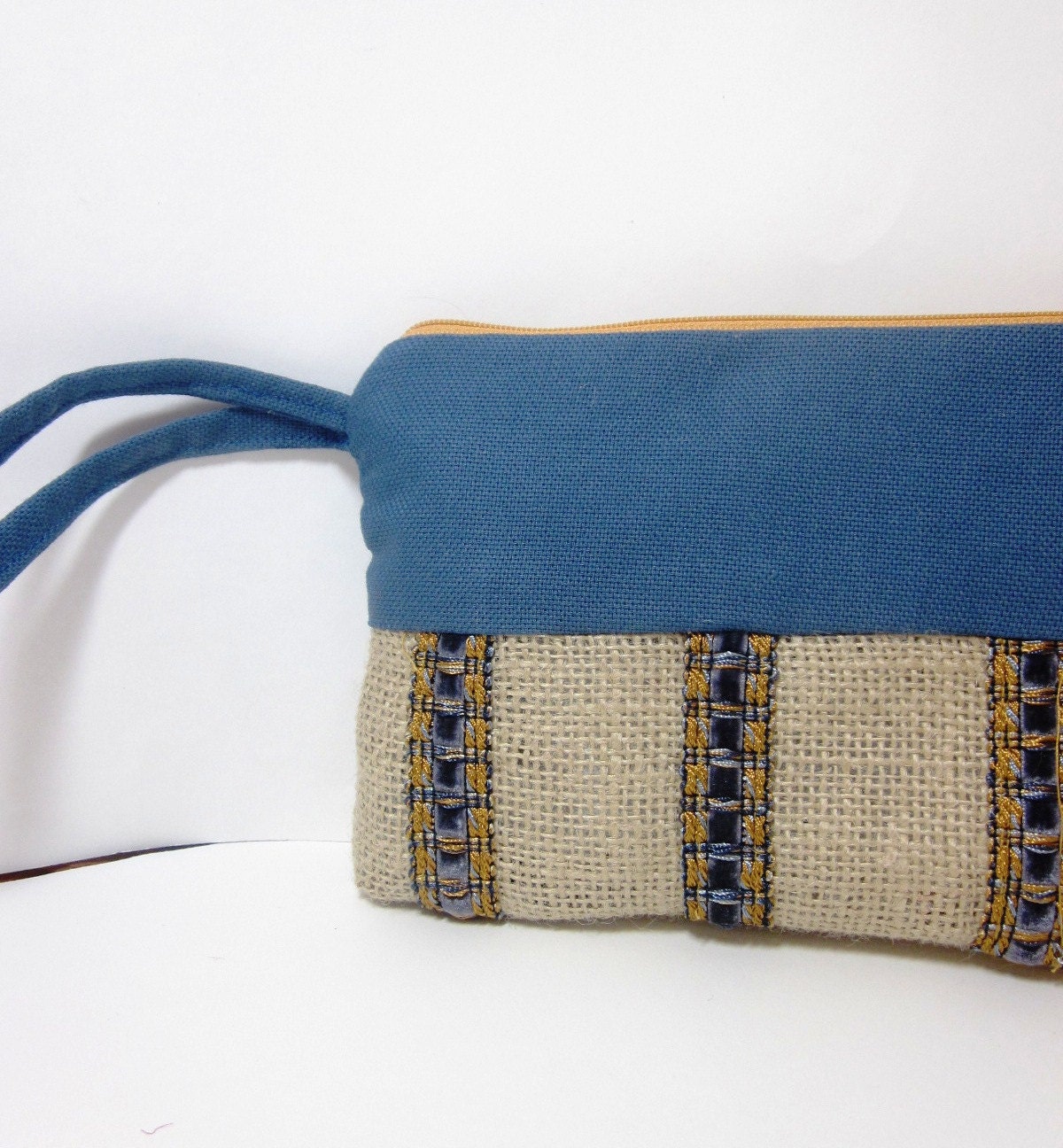 Blue and Tan Wristlet -  Burlap and Canvas