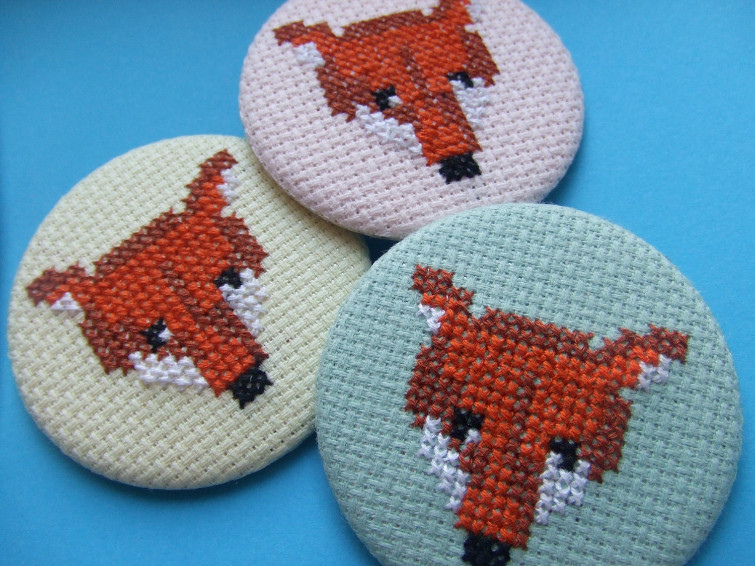 Woodland Fox Cross Stitch Button Badge Available in 3 Pretty Pastel Shades