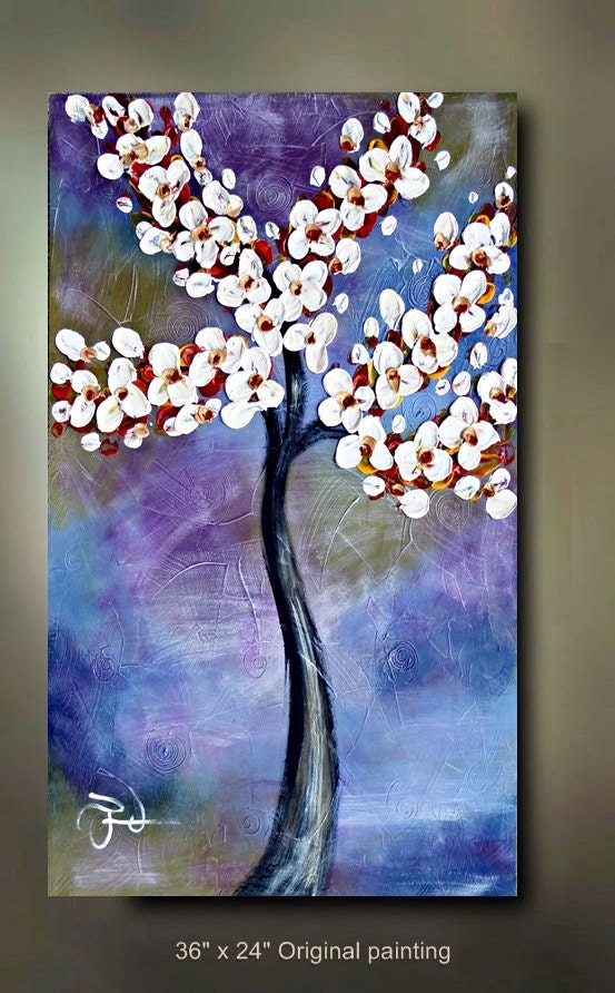 ORIGINAL Tree Flower Painting Abstract Landscape Artwork Treescape Heavy Textured 36x24 Modern Contemporary art by OTO
