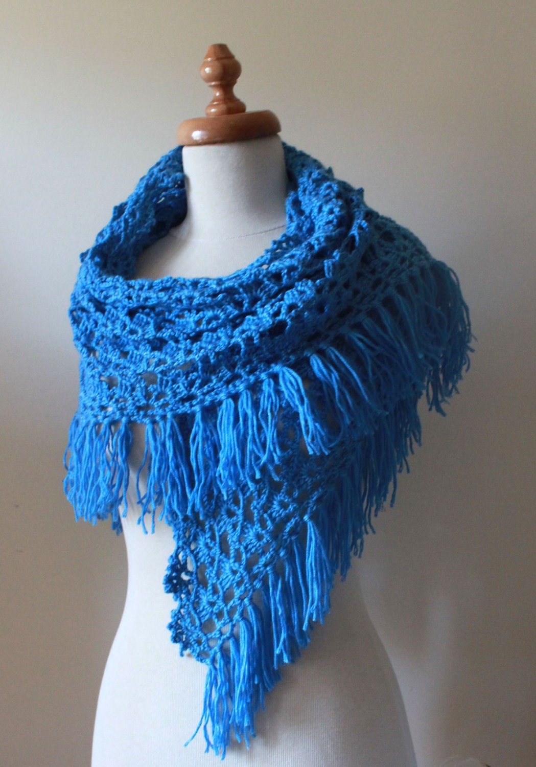 Crochet Shawl Blue Triangle Fringed Scarf Wrap Poncho Stole Holiday Fashion Spring Fashion READY TO SHIPPING