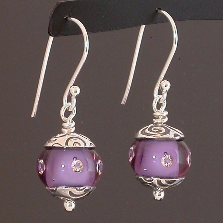 Earrings, lampwork glass beads, recycled silver,silver pmc,sparkly czs,Namaste in Lilac- dangly with whimsical spiral patterned caps