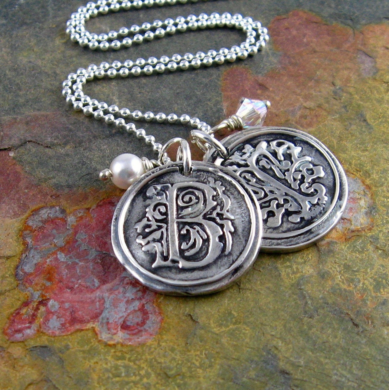Silver Wax Seal Monogram Necklace Mother's Necklace Swarovski Crystal Birthstone Necklace Personalized Initial PMC Fine Silver Pendant