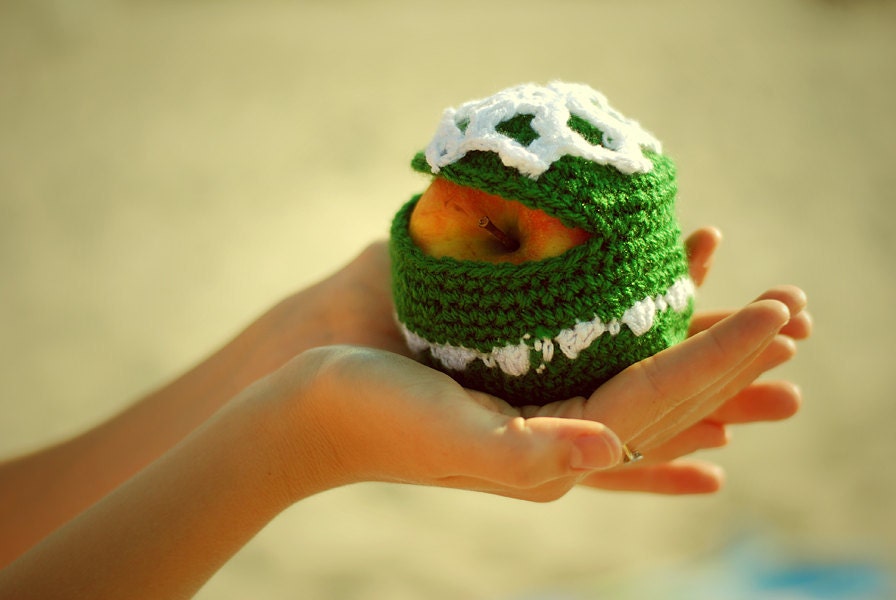 Apple Jacket Warmer Cozy Wool Crochet Gift Cold Days Unisex Woman Man Teens Round Fruits Green White
