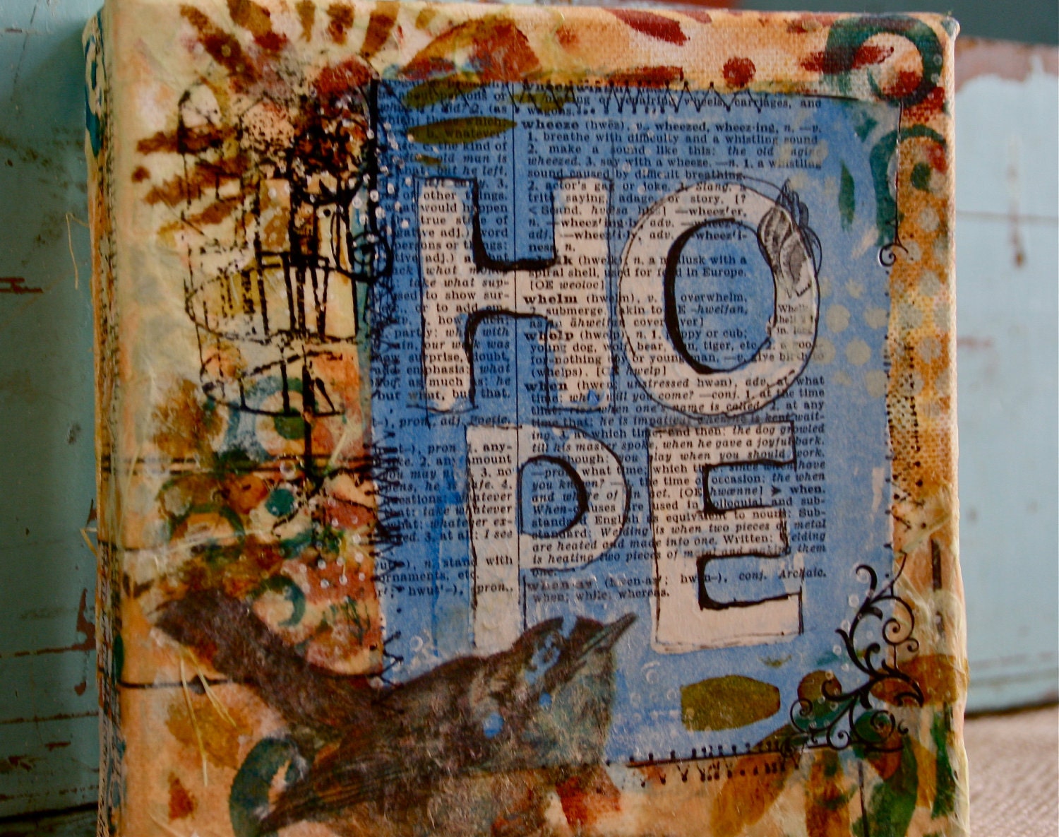 6x6 mixed media canvas with resist, entitled, "hope"