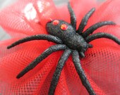 Sparkling Glitter Black Widow Spider Hair Clip Hair Bow with Red Tulle