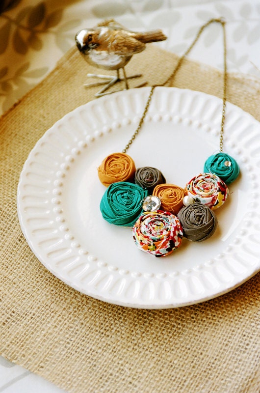Lee Lynn  -  Teal, Orange, and brown  rosette bib statement necklace